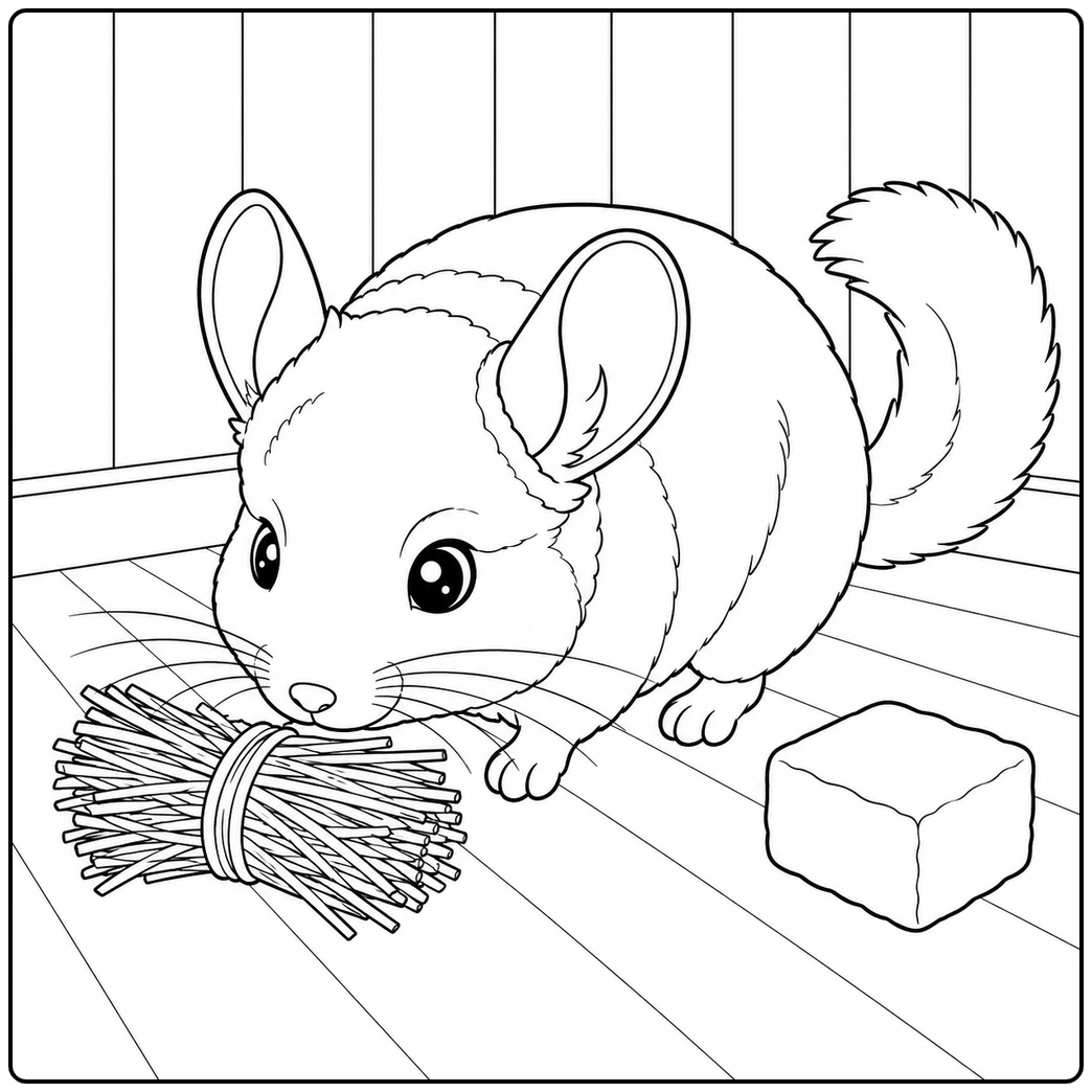 Curious chinchilla sniffing a hay bundle with a chew block nearby in a simple pet room