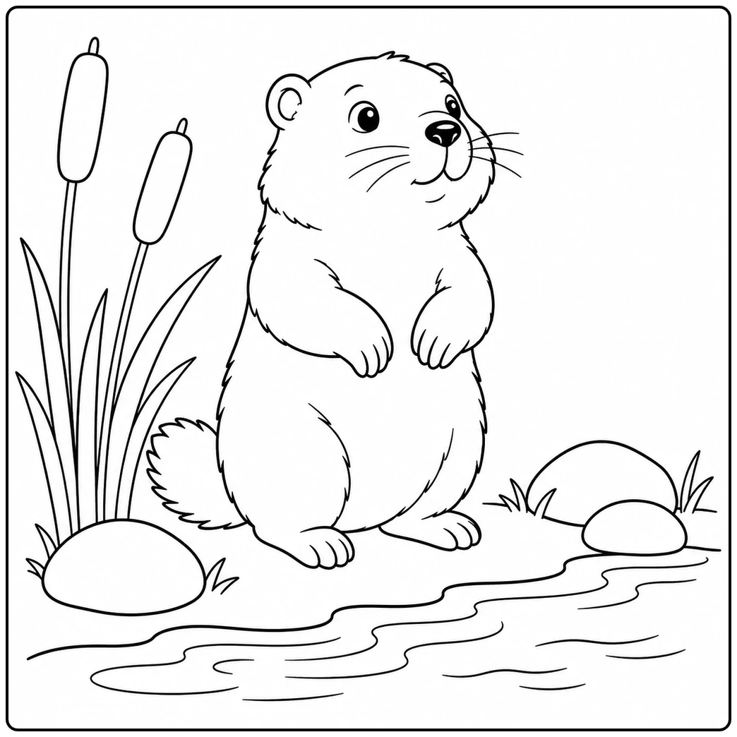 Upright groundhog beside a shallow stream with tall cattails, smooth rocks, and gentle water ripples.