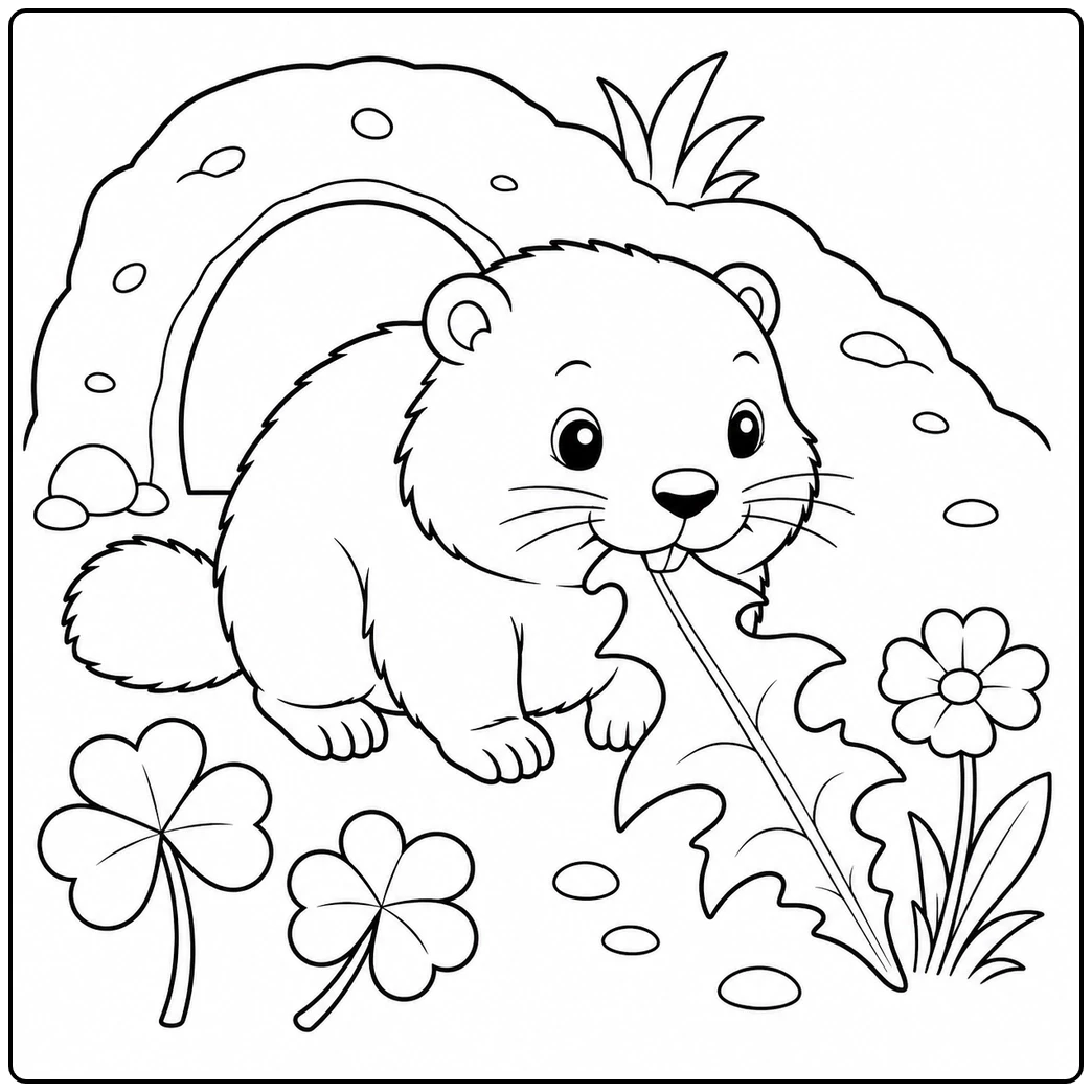 Groundhog nibbling a large leaf beside its burrow in a cute groundhog coloring page with clovers and a flower.