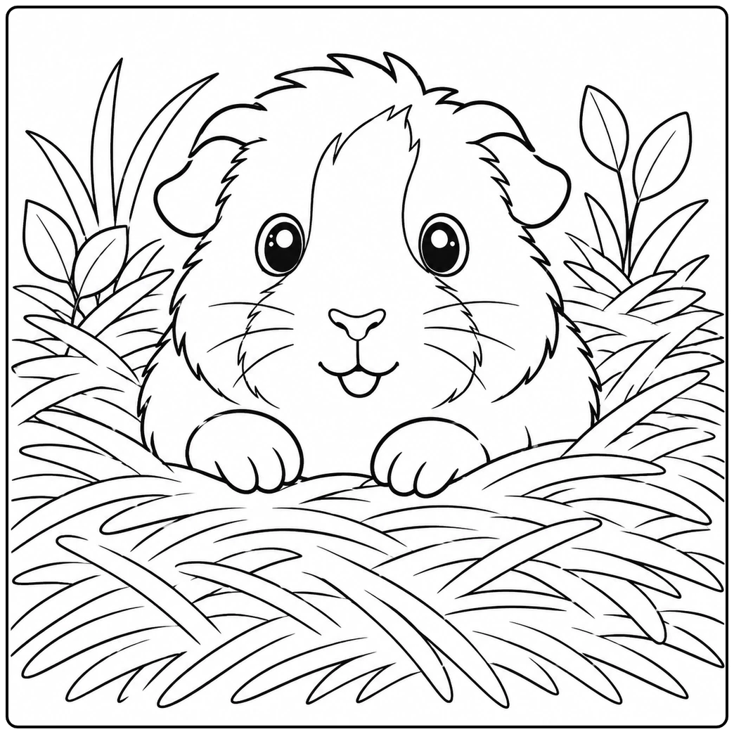 Fluffy guinea pig peeking from a straw nest with leafy plants and wide open coloring areas