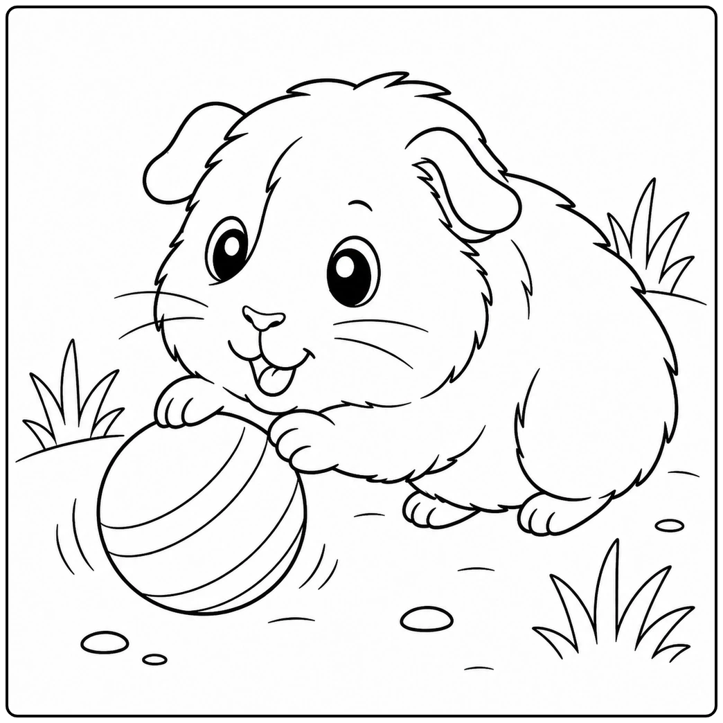 Guinea pig pushing a striped ball across the grass, a cute guinea pig coloring page with playful details