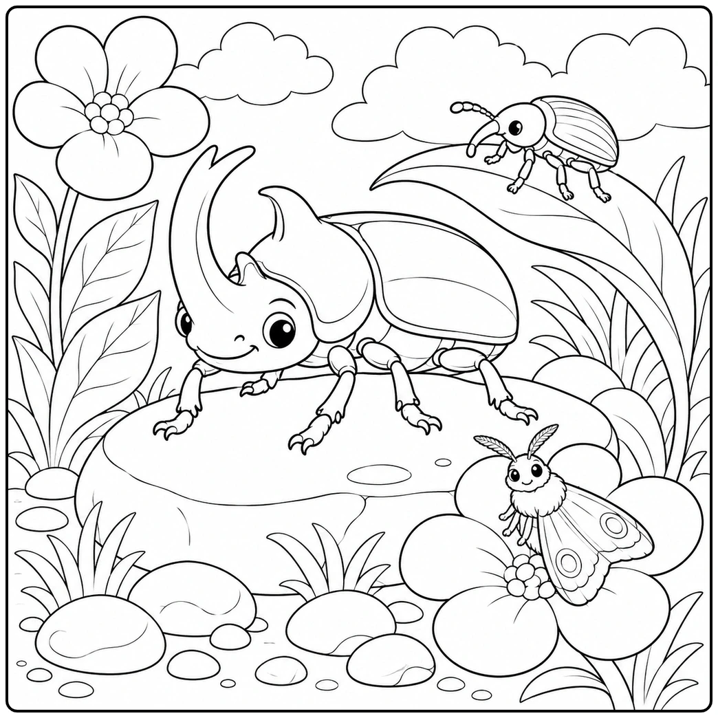 Rhinoceros beetle on a garden stone with a moth on a flower and a weevil on a leaf nearby