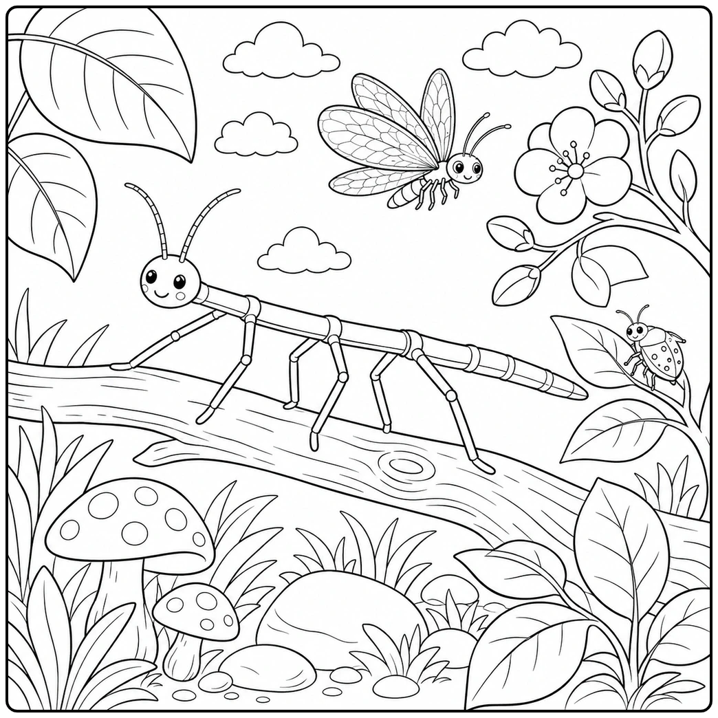Walking stick insect on a branch in a cute insect coloring page with a lacewing and shield bug