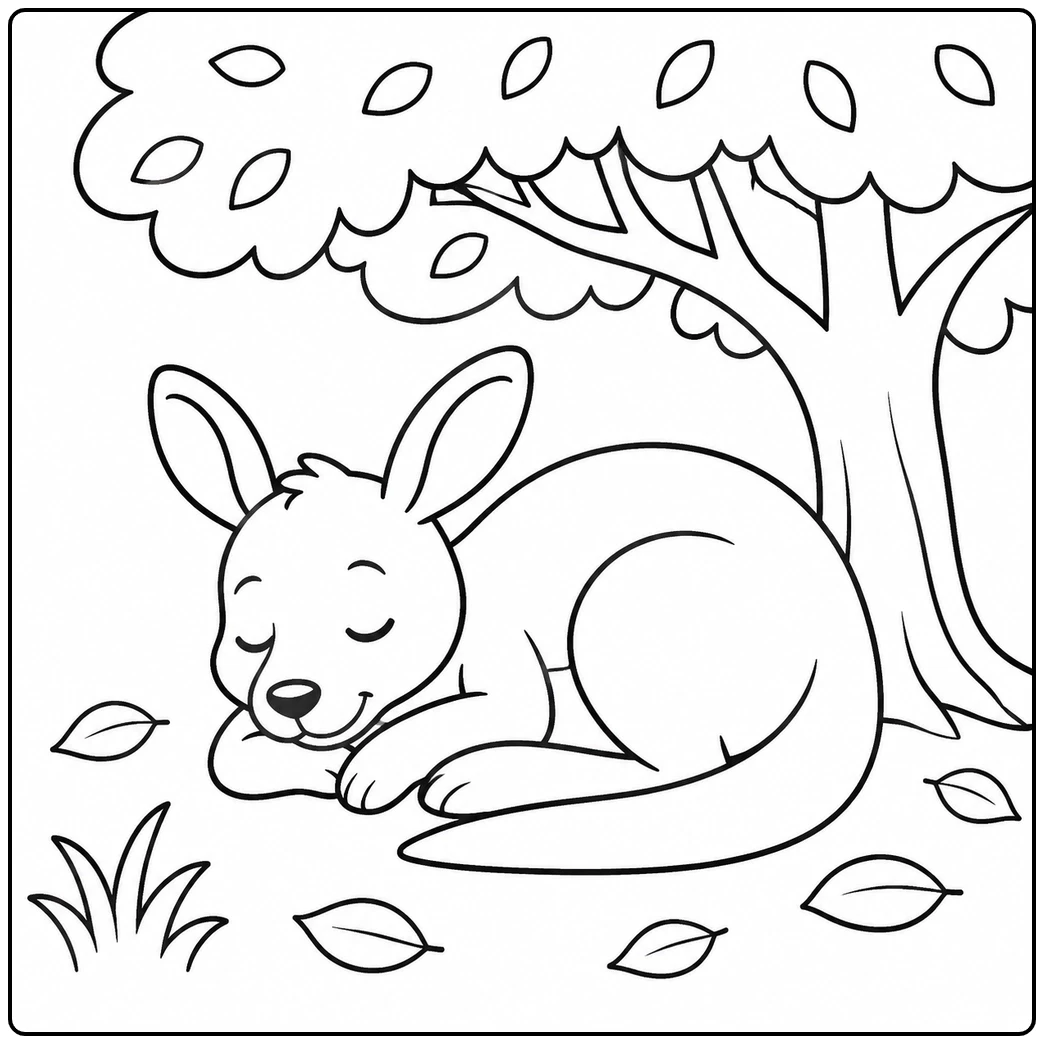 Young kangaroo sleeping peacefully beneath a broad tree with several fallen leaves nearby