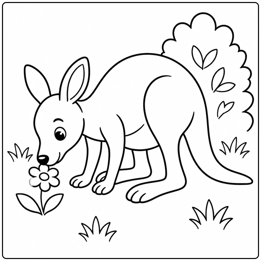 Kangaroo sniffing a small flower beside grass and a leafy bush in a cute kangaroo coloring page