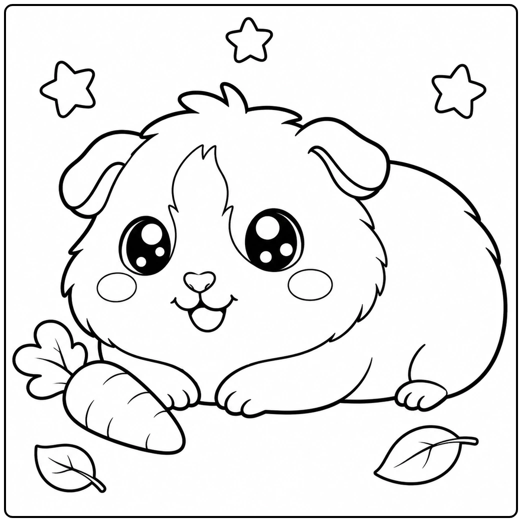 Round guinea pig resting beside a carrot with little stars and leaves around it
