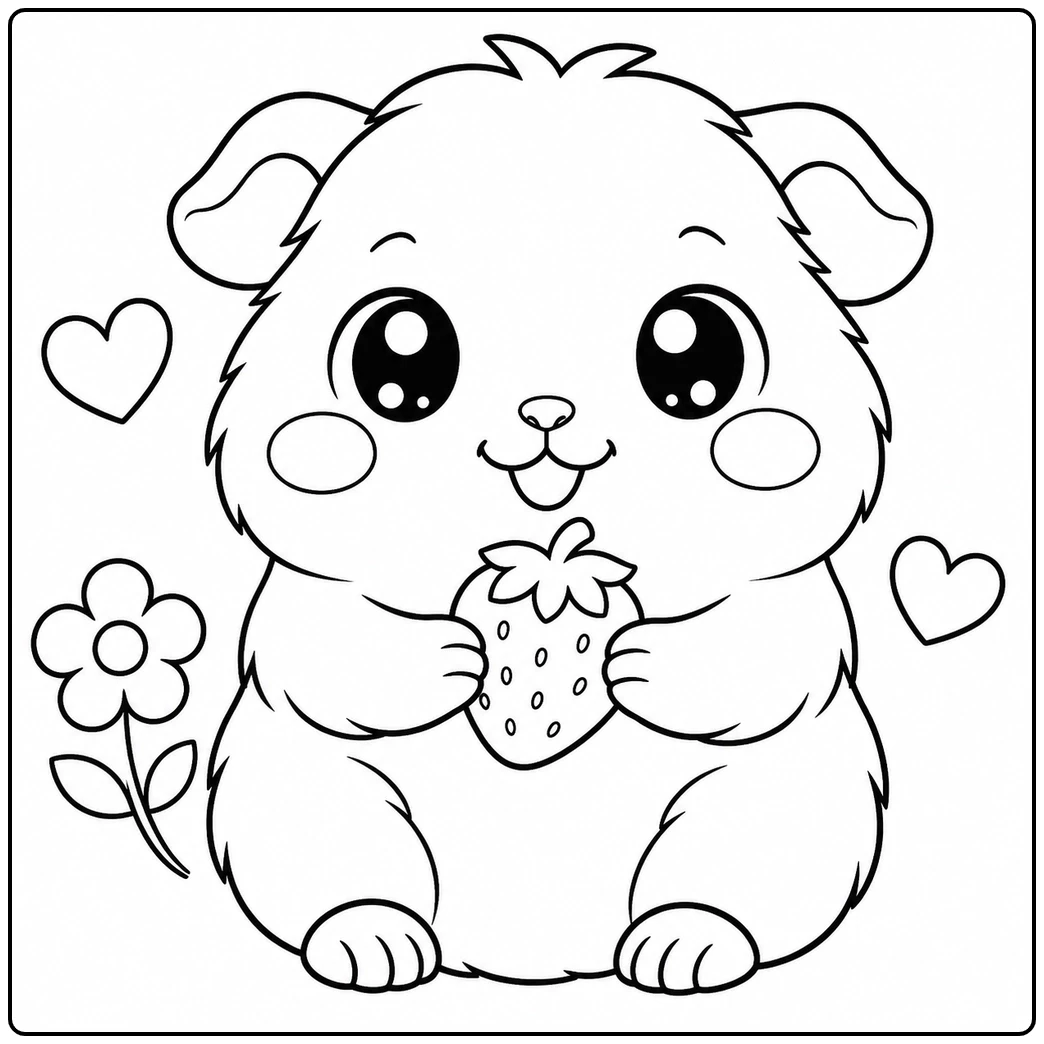 Smiling guinea pig holding a strawberry with hearts and a flower, cute kawaii guinea pig coloring page