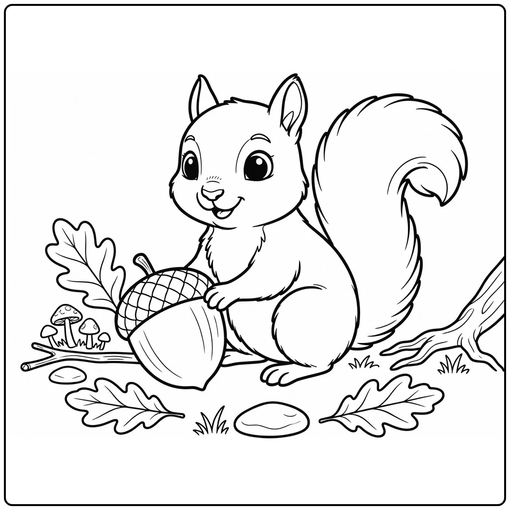 Sweet squirrel with expressive eyes rests beside a giant acorn, mushrooms, leaves, and roots