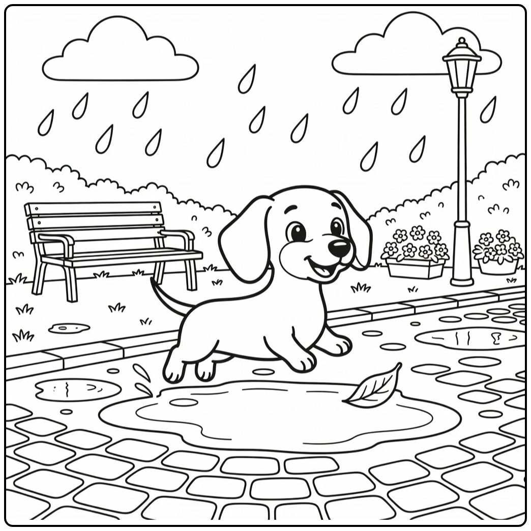 Dachshund coloring page dog leaping over puddle