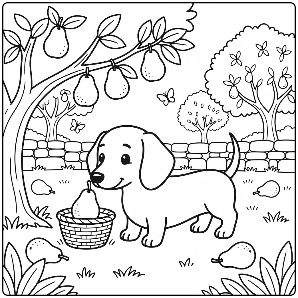 dachshund coloring page in peaceful orchard scene