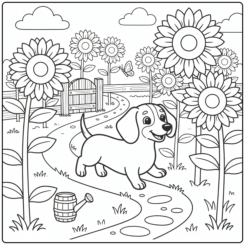 Dachshund coloring page in sunflower maze adventure