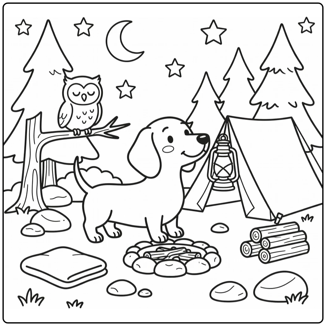 Dachshund coloring page with dachshund at cozy campsite