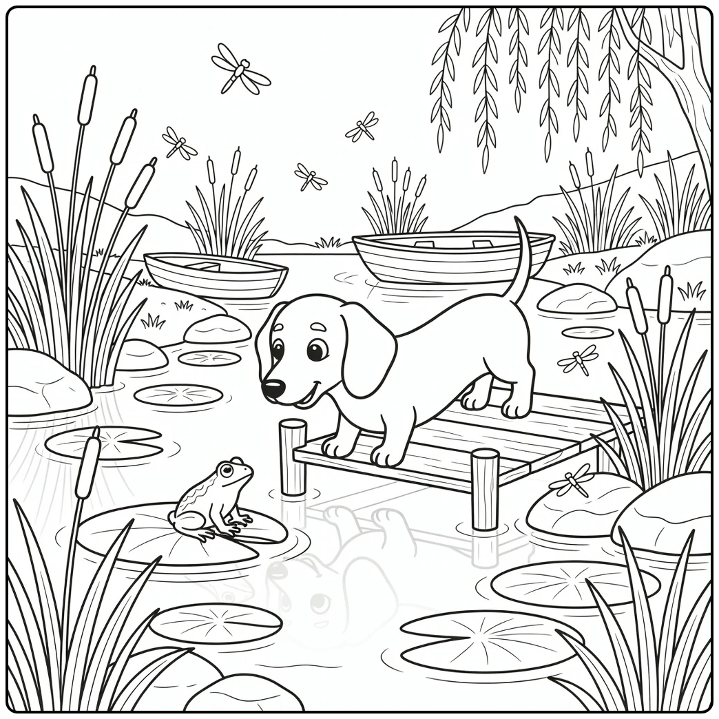 Dachshund coloring page of cute dog on dock near frog