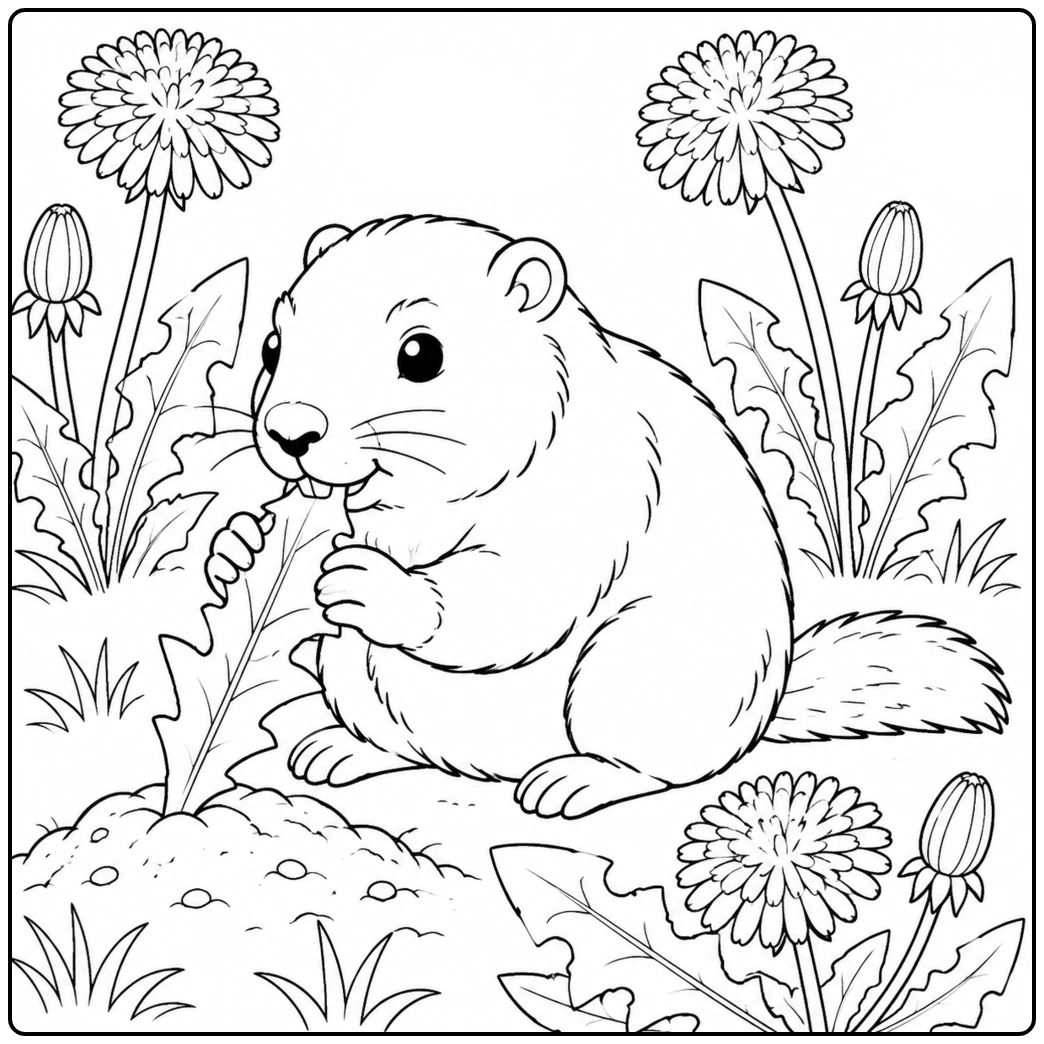 Seated among tall dandelions, a groundhog holds a small snack in its paws beside scattered leaves.