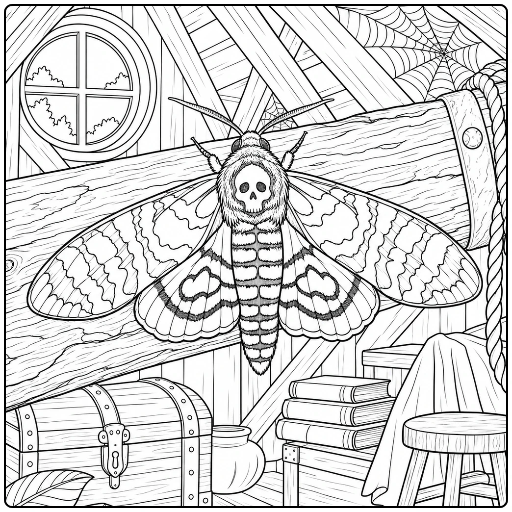 Death’s-head hawkmoth rests in a rustic attic among beams, books, a stool, and cobwebs.