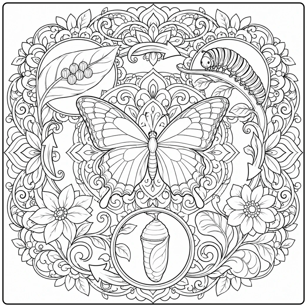 Detailed floral frame centers a butterfly with caterpillar, eggs and chrysalis nearby.