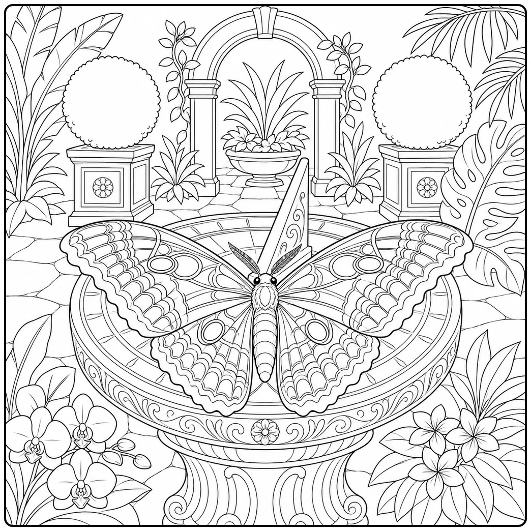 Decorative moth rests above a garden sundial framed by arches, flowers, and leafy plants.