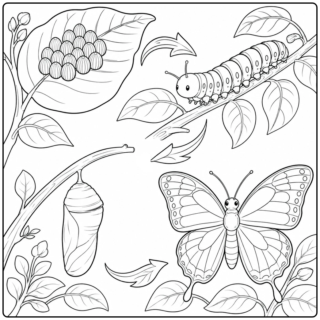 Butterfly life cycle coloring page with detailed leaves, eggs, caterpillar and chrysalis.