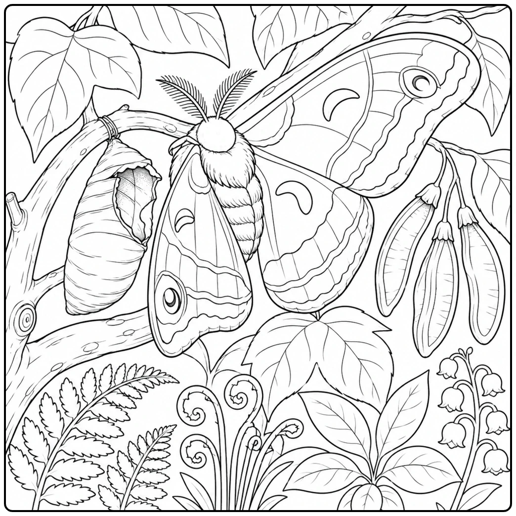 Detailed moth rests among layered leaves, curled ferns, and hanging woodland seed pods.