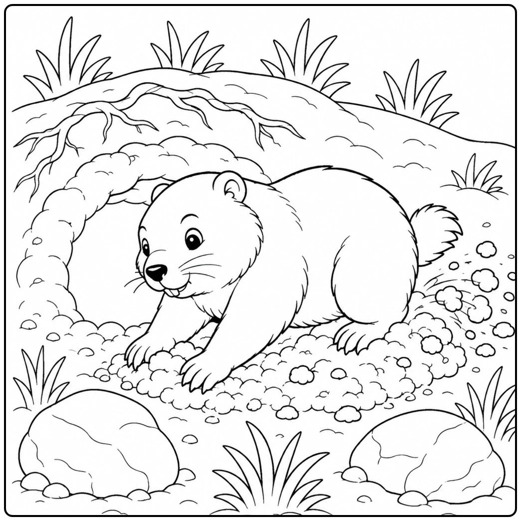 A groundhog paws through loose soil beside rocks and tufts of grass near a low earthen burrow.