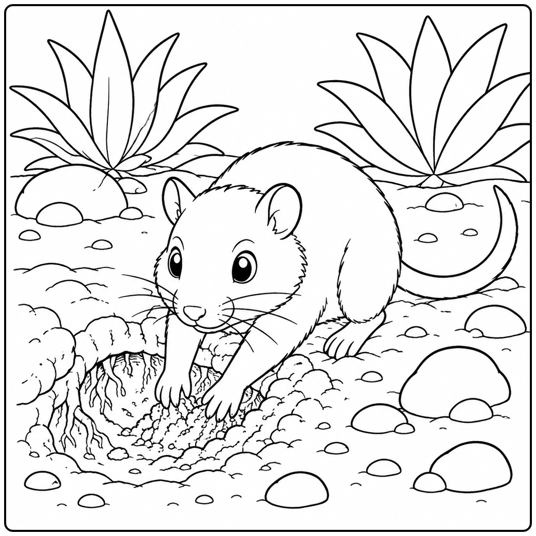 Curious gerbil digging into a sandy burrow surrounded by pebbles and pointed desert plants