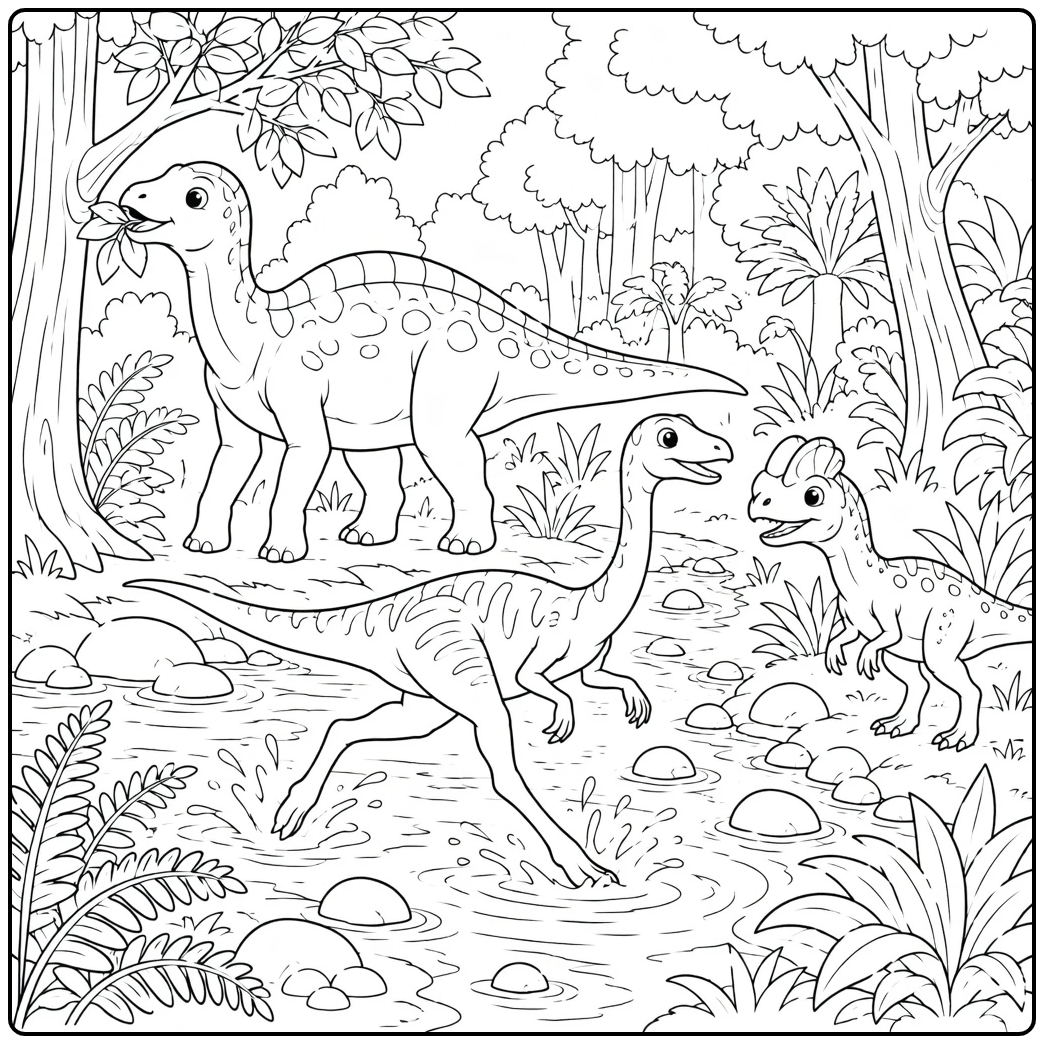 Dinosaur coloring page with three dinosaurs by a stream