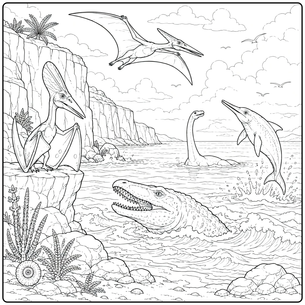 Dinosaur coloring page with pterosaurs and ocean reptiles