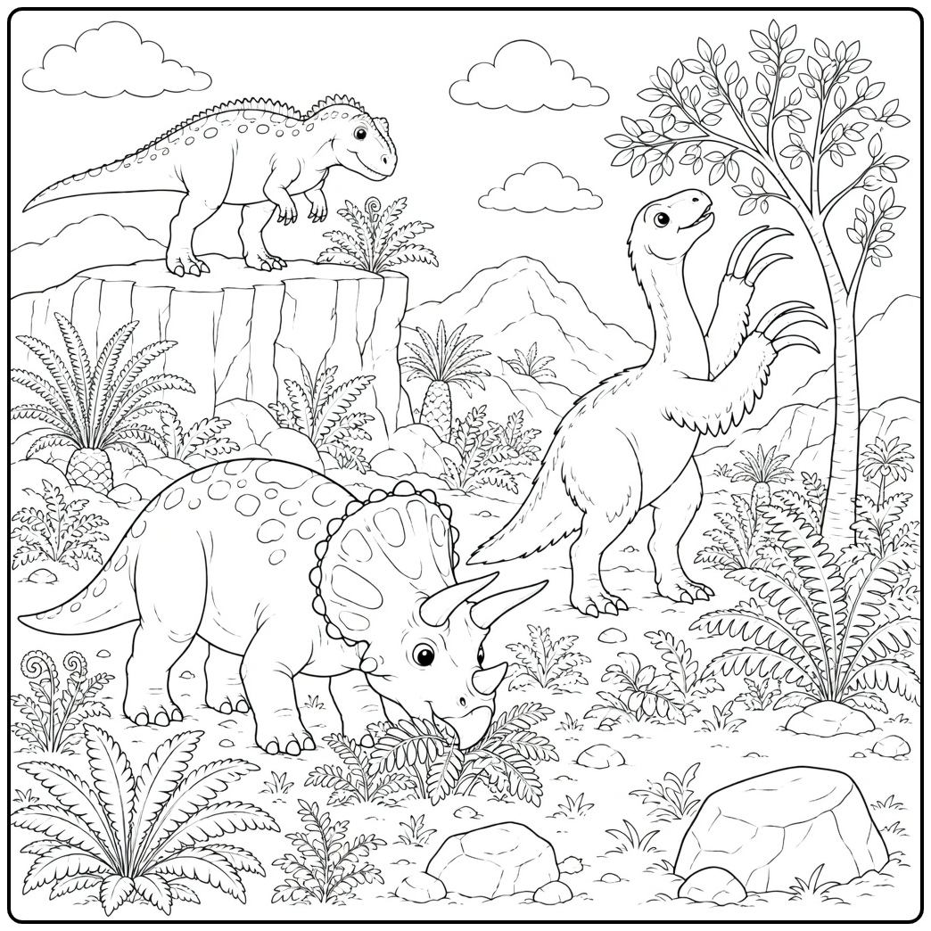 Dinosaur coloring page with three dinosaurs and a tree