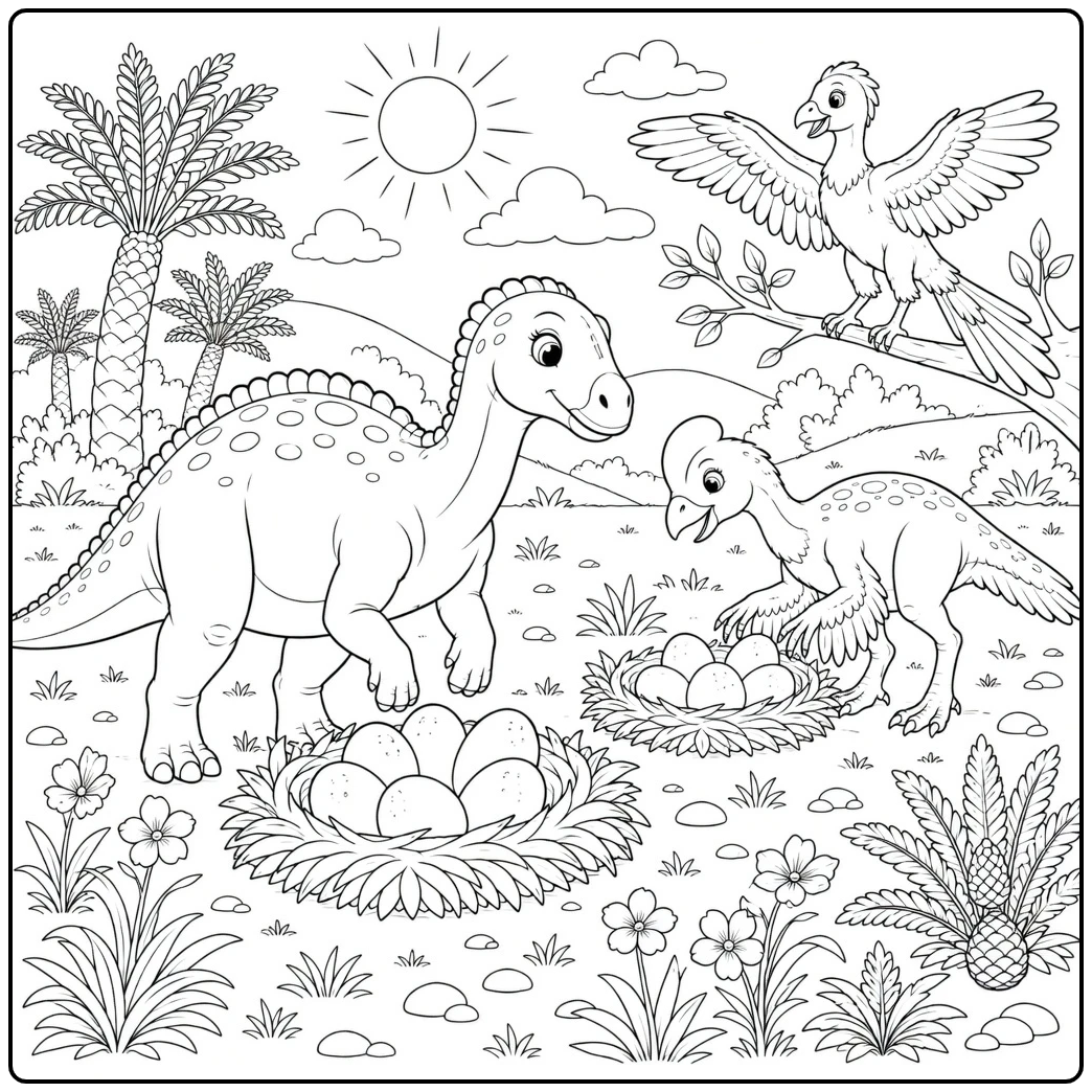 Dinosaur coloring page with two dinosaurs and a bird