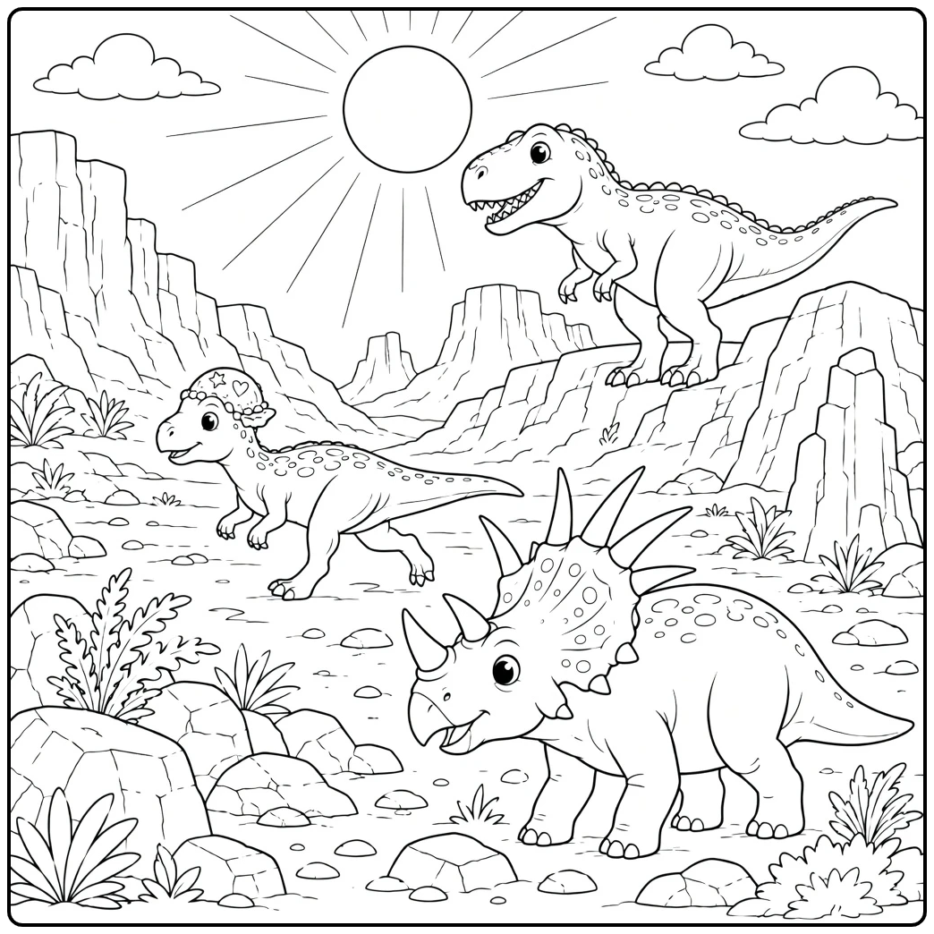 Dinosaur coloring page with three dinosaurs and mountains