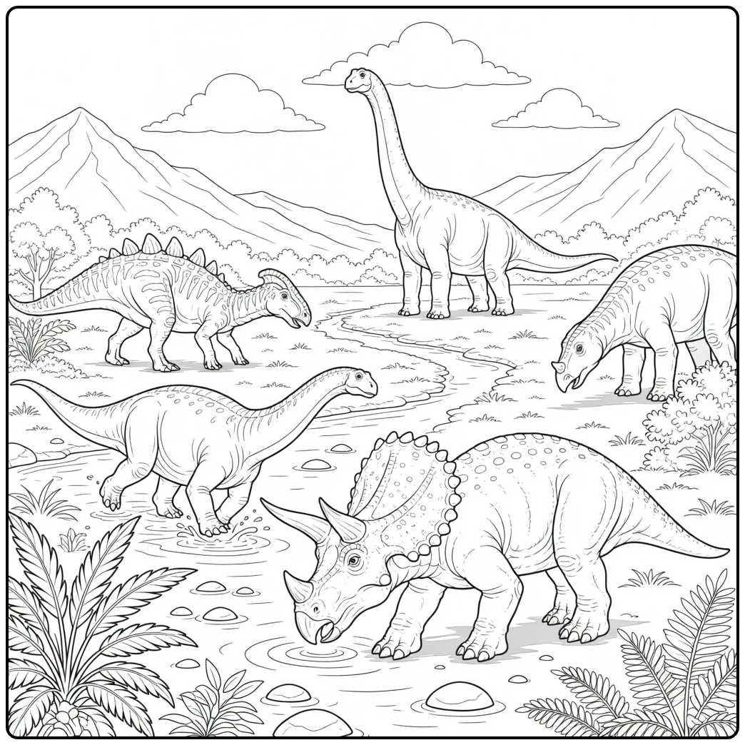 Dinosaur coloring page of multiple dinosaurs by a stream