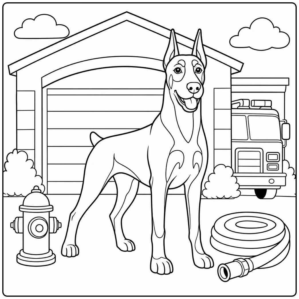 Smiling Doberman stands by a fire station, hydrant, and coiled hose on a doberman coloring page