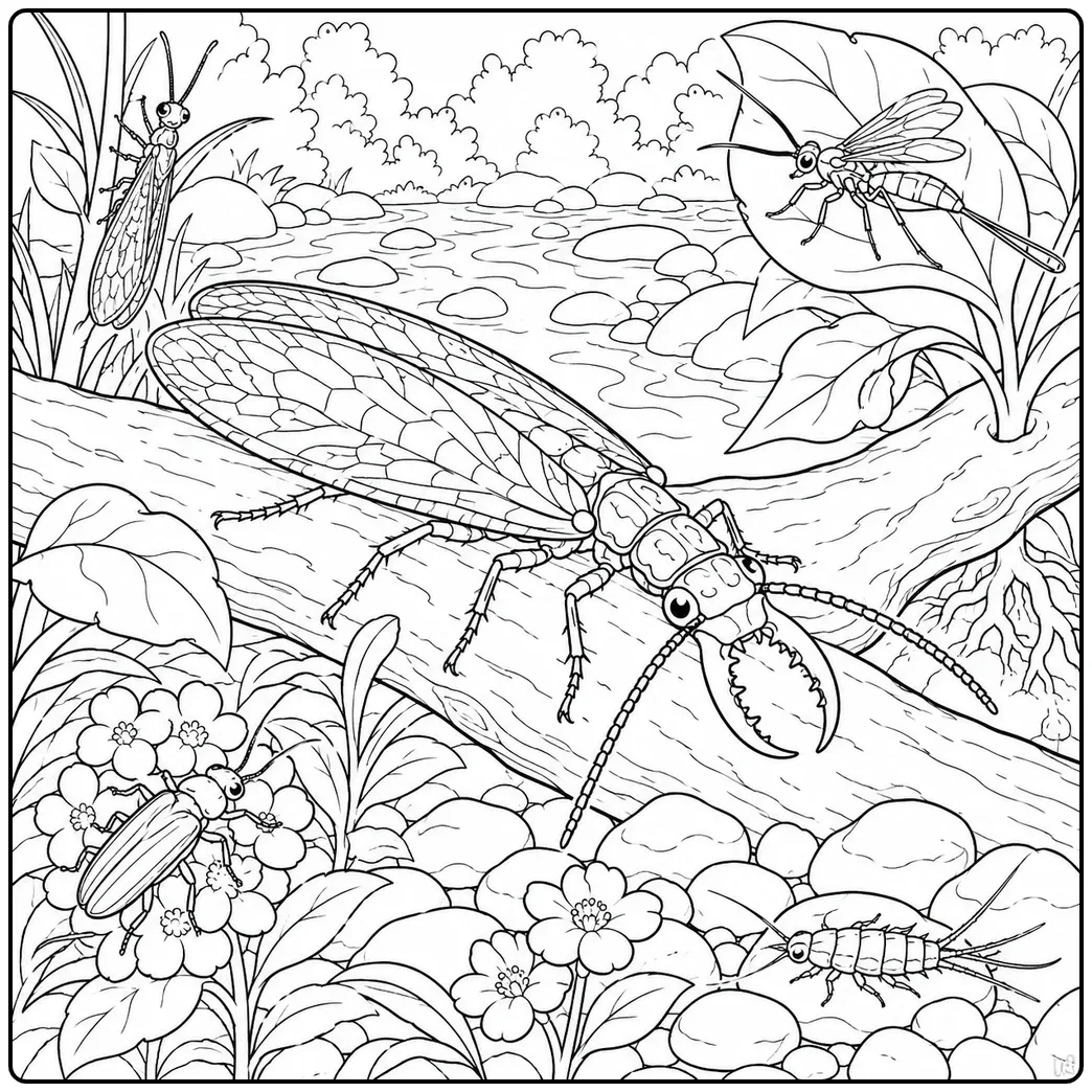 Dobsonfly rests across a riverside branch with smaller insects in a rocky insect coloring page