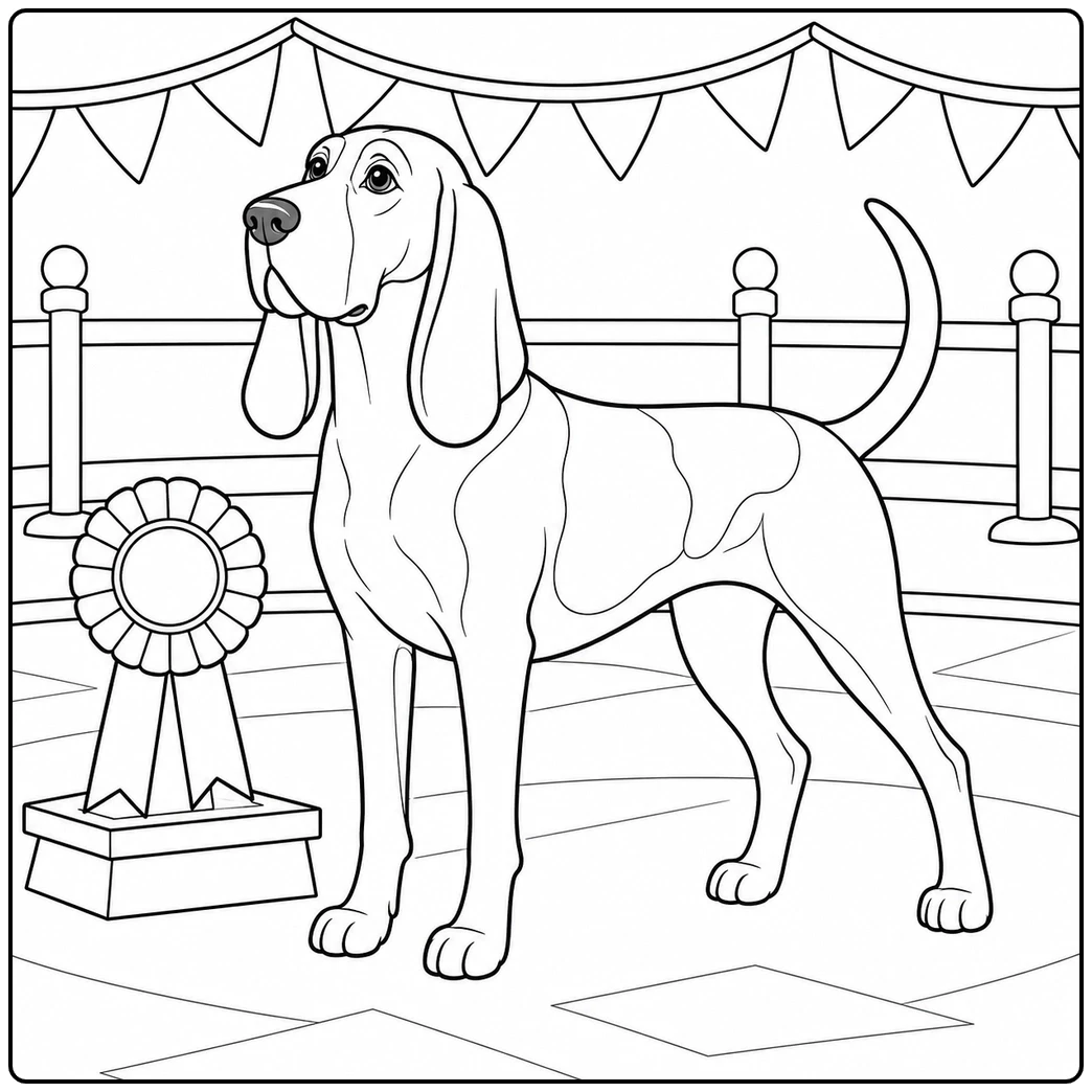 Prize-winning hound standing in a show ring beside a ribbon stand and simple floor markers