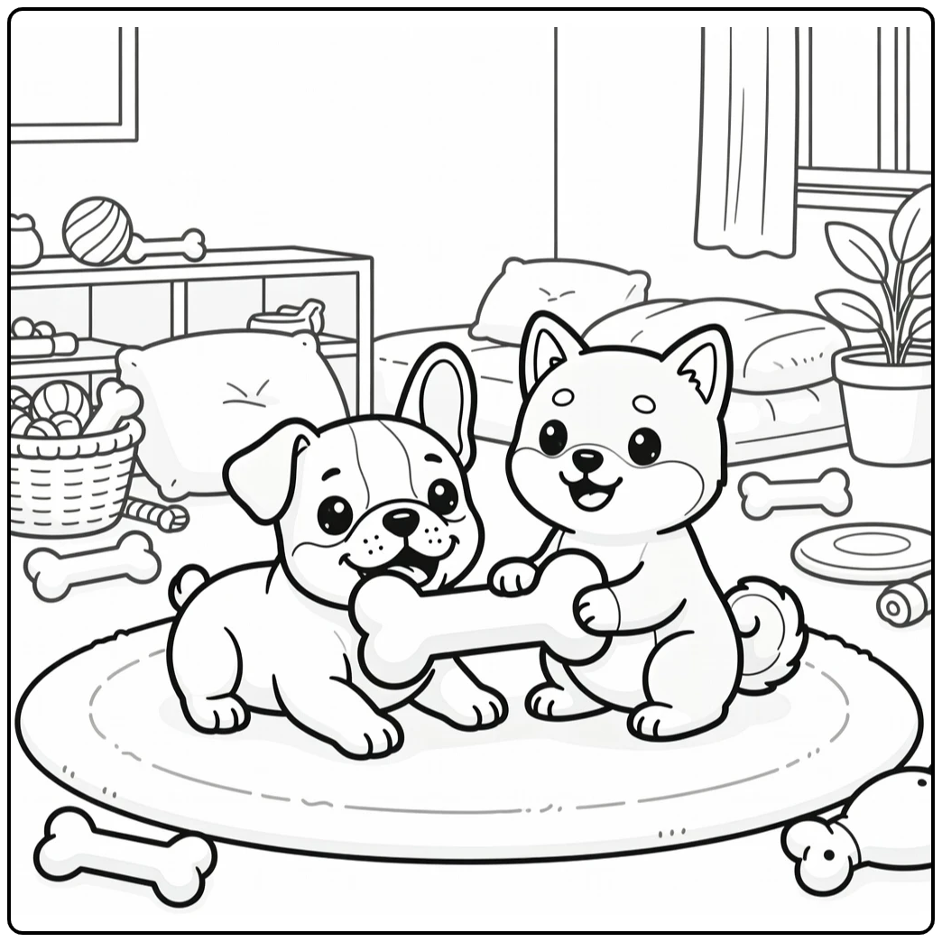 Dog with Bone Coloring Page Cute Puppies Sharing in Playroom