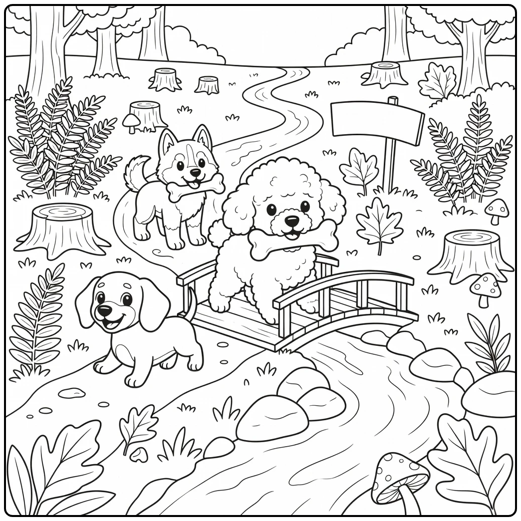 dog with bone coloring page three cute dogs forest trail adventure