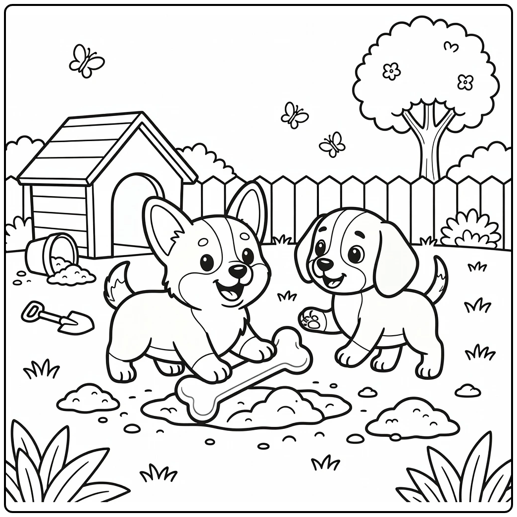 dog with bone coloring page cute puppies backyard scene