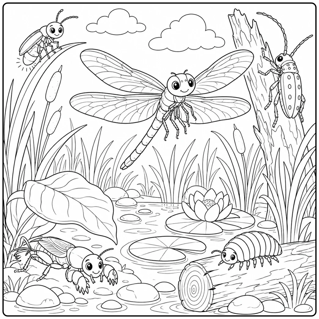 Dragonfly hovering above a marsh pond with reeds, lily pads, beetles, and a pill bug nearby