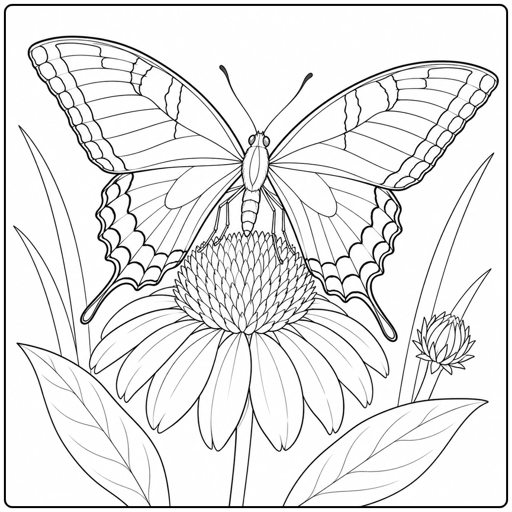Eastern Tiger Swallowtail resting on a coneflower surrounded by broad leaves