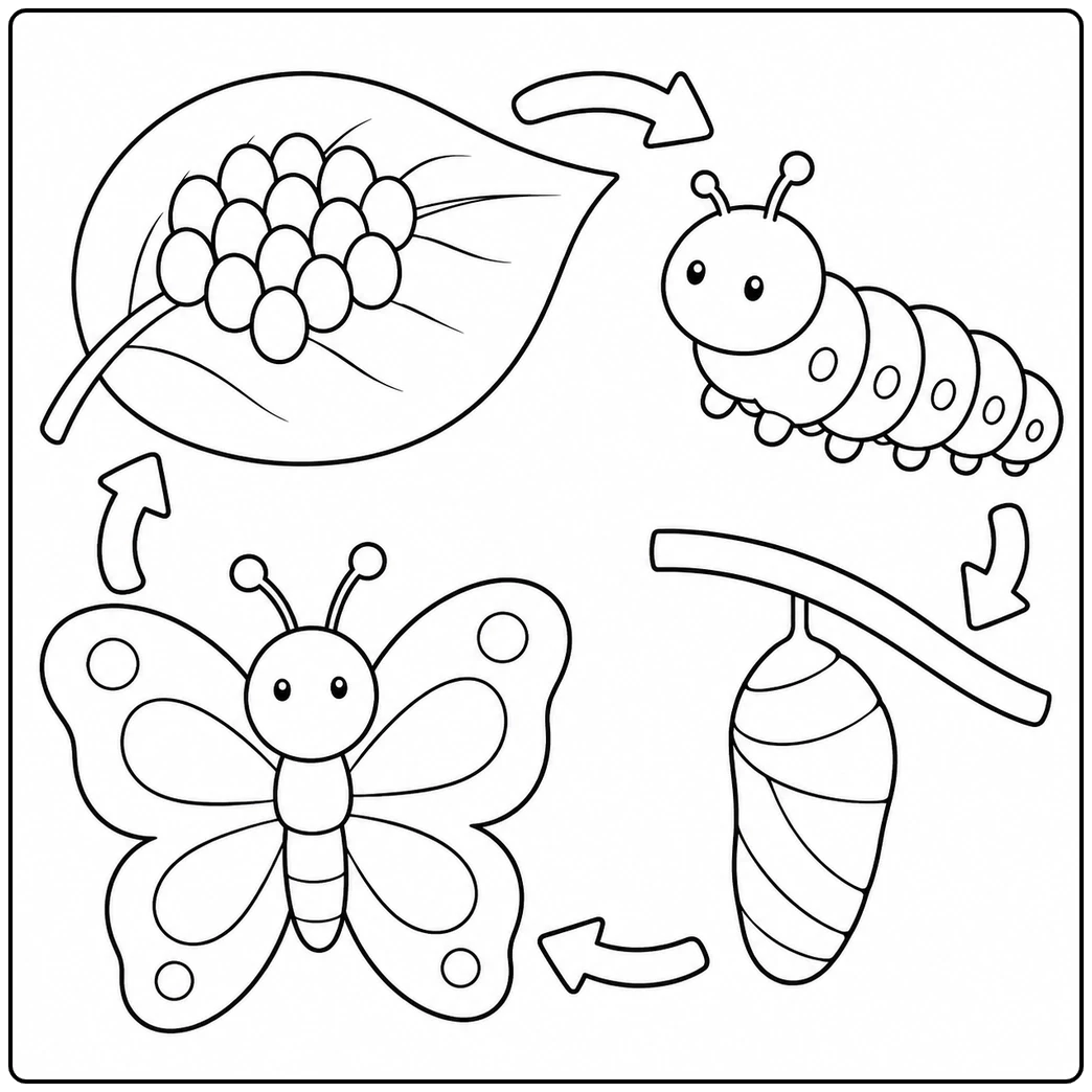 Arrows connect eggs, caterpillar, butterfly and chrysalis in a clear life cycle diagram.