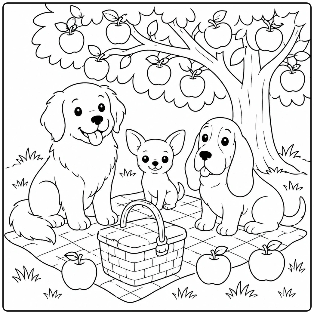 Three dogs share a picnic beneath an apple tree in this easy dog coloring page with a basket and fallen apples