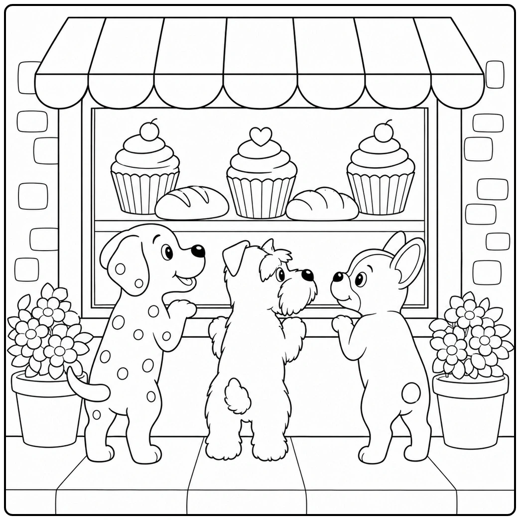 Three dogs peer into a bakery window on an easy dog coloring page filled with cupcakes and flower pots