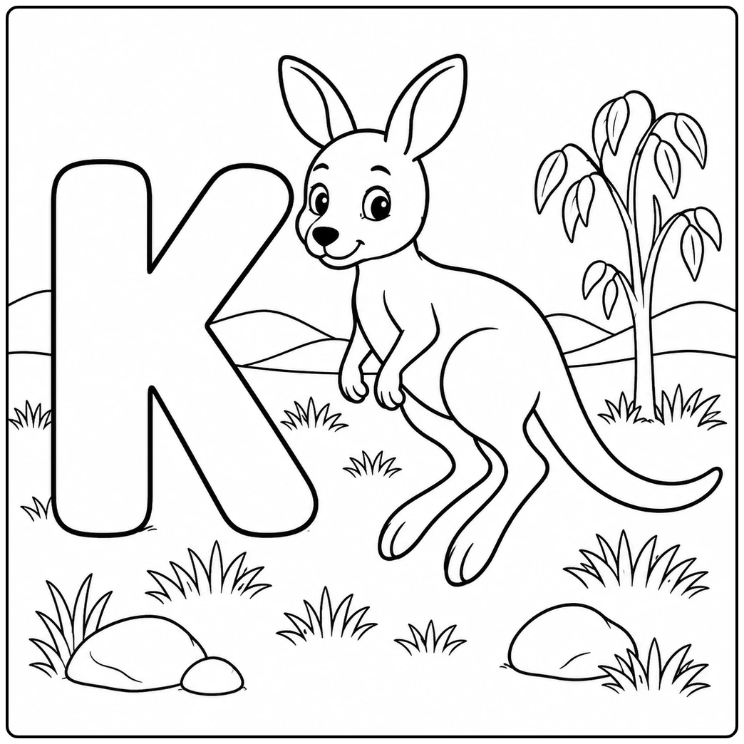 Smiling kangaroo hops beside a large letter K in a k is for kangaroo coloring page with hills and grass.