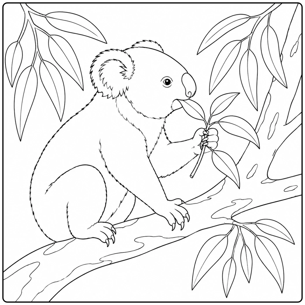 Koala climbs upright along a tall eucalyptus trunk beneath clusters of hanging leaves