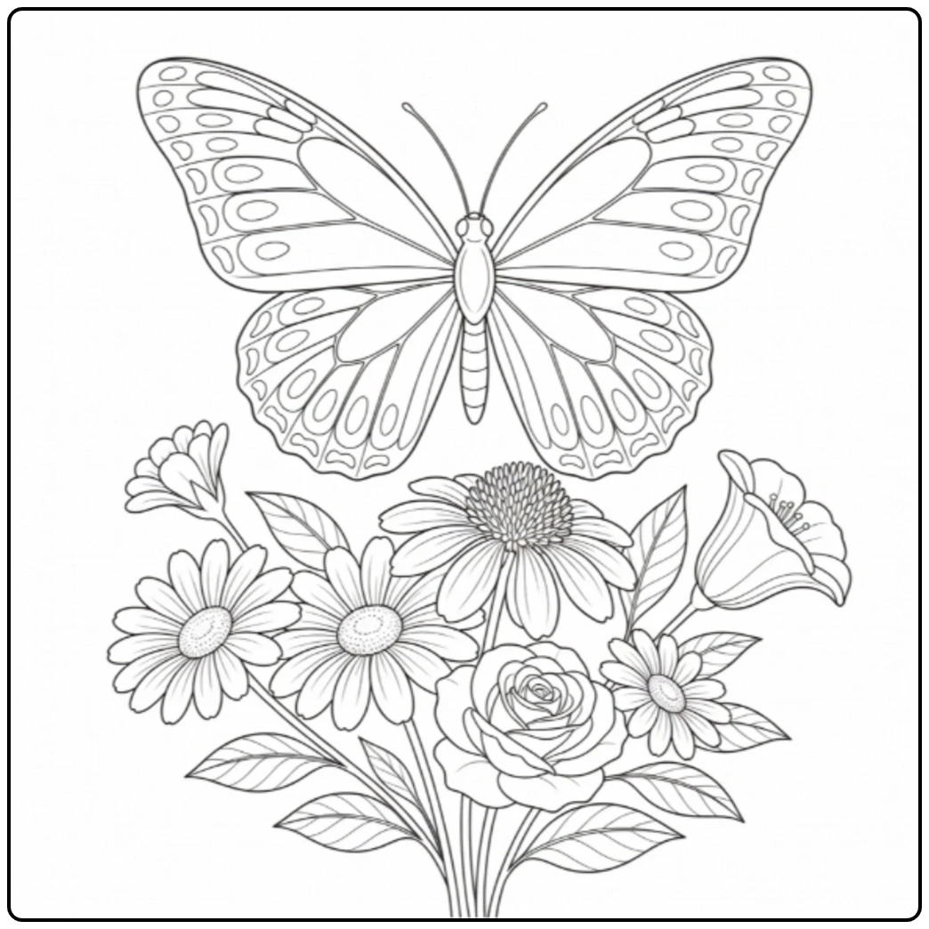 Elegant butterfly hovering over a mixed flower bouquet with detailed petals