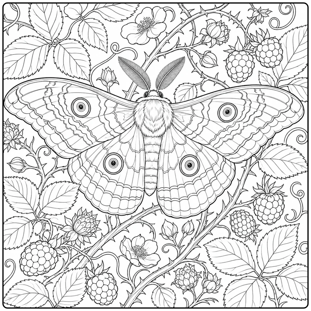 Emperor moth spreads patterned wings among flowers, berries, broad leaves, and vines.
