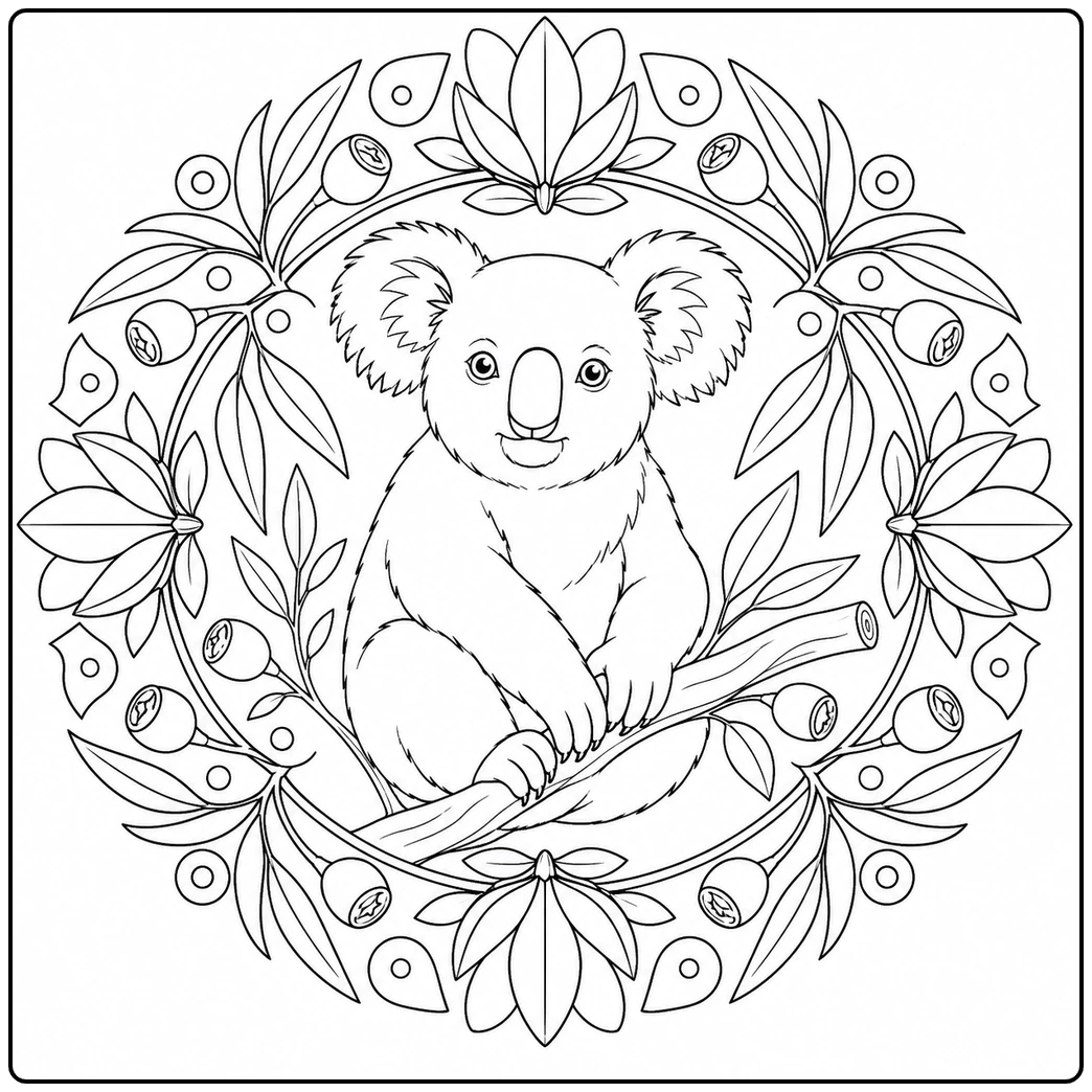 Koala sits on a branch surrounded by eucalyptus leaves, blossoms, and rounded seed pods