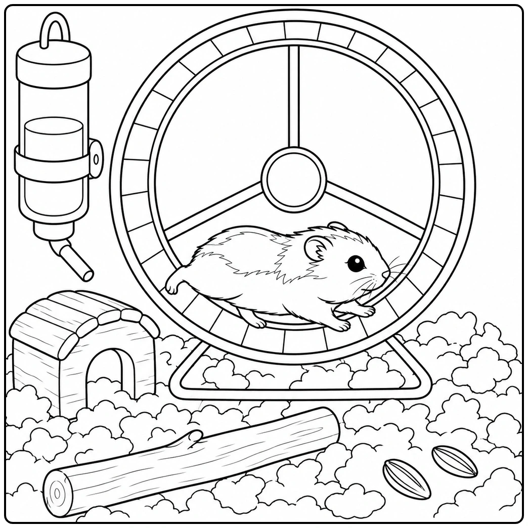 A dwarf hamster coloring page features a tiny pet running on its wheel beside a water bottle and wooden hideout