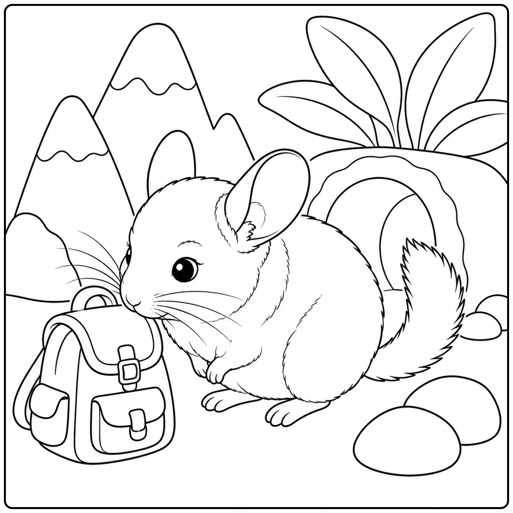Curious chinchilla inspecting an explorer backpack near toy mountains and a leafy tunnel