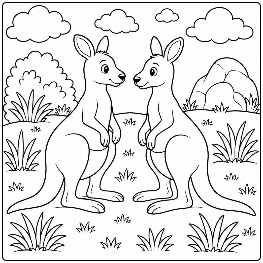 Two kangaroos stand face to face in a grassy clearing, surrounded by bushes, distant hills, and clouds.